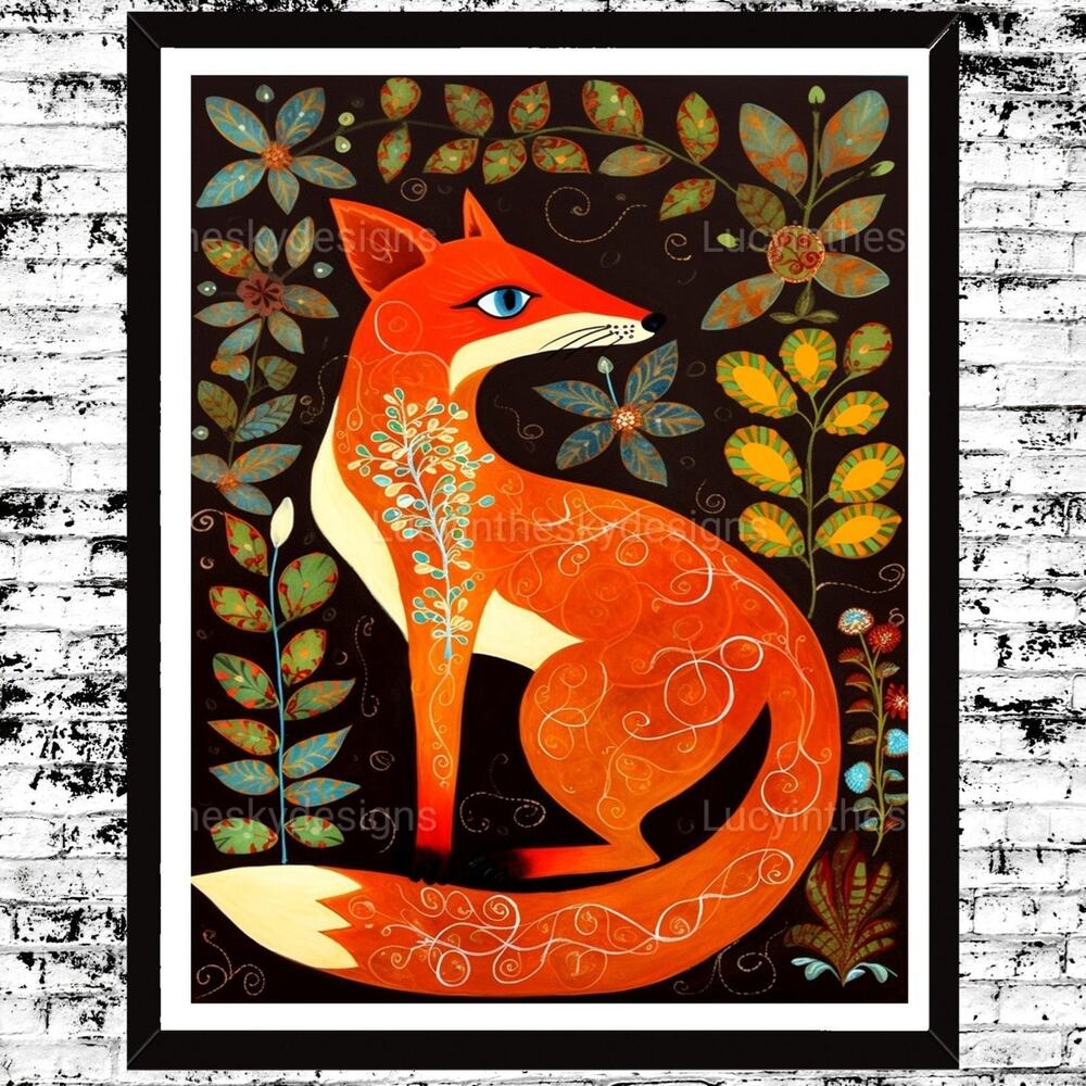 Fox Vintage Folk Art Painting Nature Animal Love Art Print